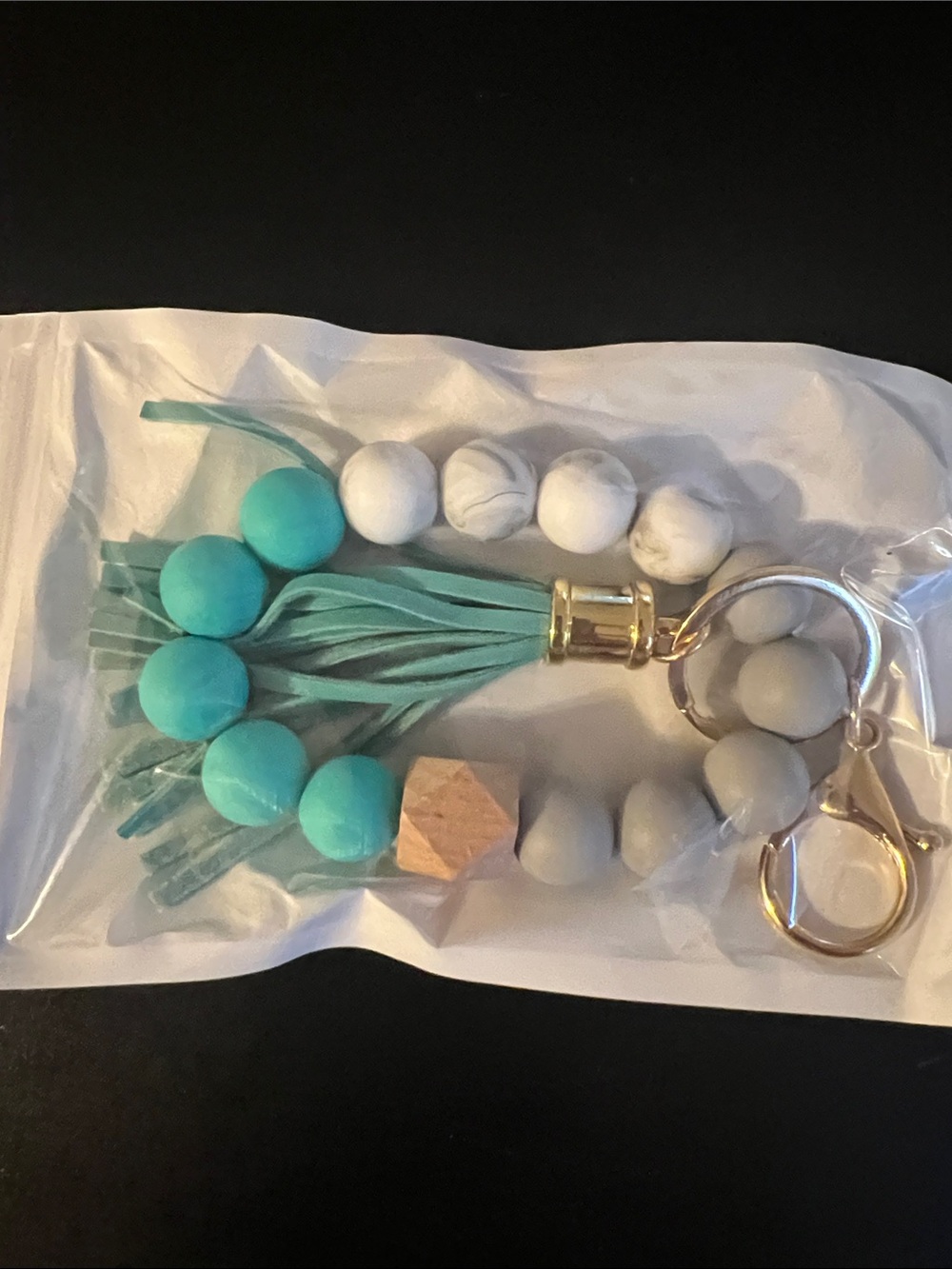 Turquoise and White Beaded Tassel Keychain